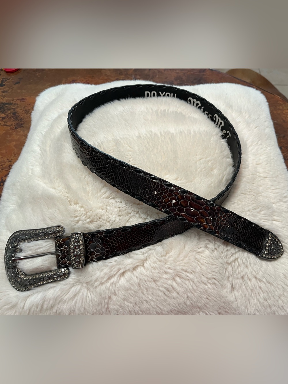 Woman’s Miss Me Brown Snake-Texture Leather Belt with Rhinestone Buckle